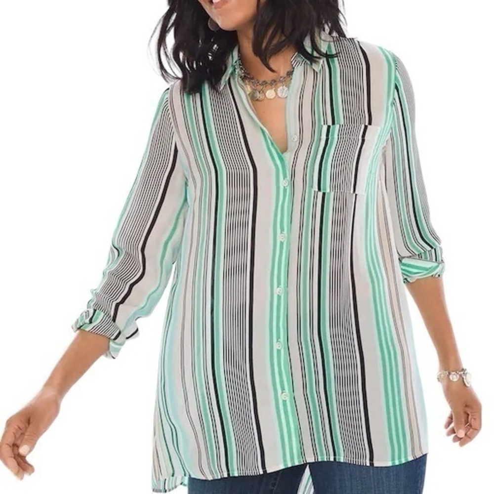 Chicos Distinct Striped Shirt Button Down Long Sleeve Chest Pocket Polyester
